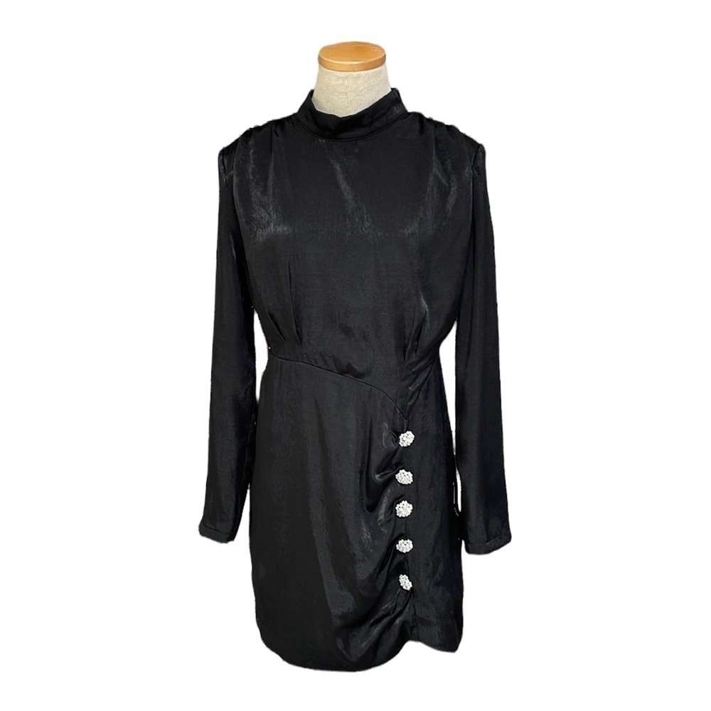 DO+BE Dress Black Open Back Rhinestones Ruched High Neck Size Medium